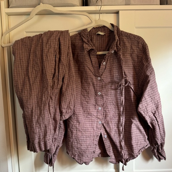 Deiji Studios string linen set in Musk Check - Picture 1 of 3